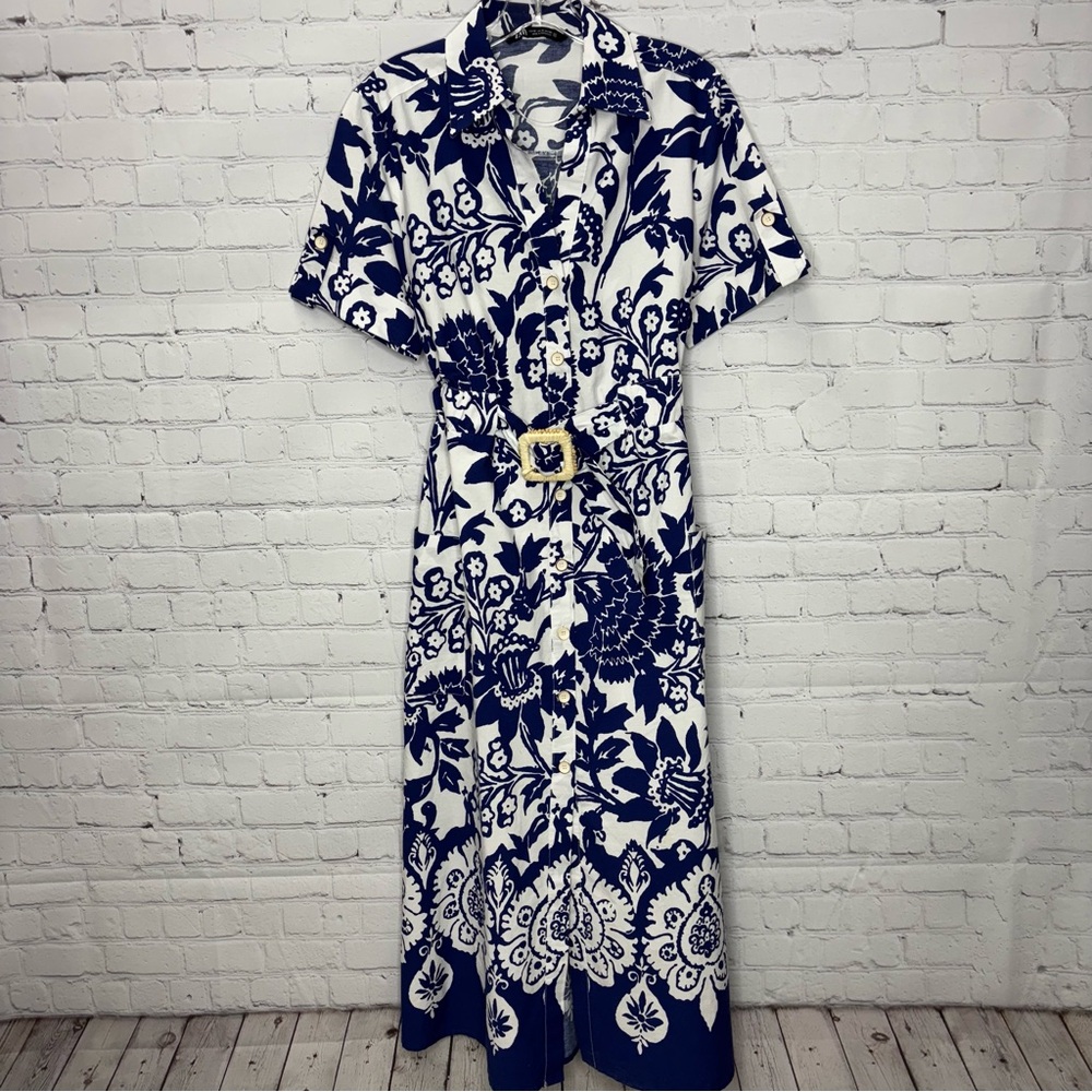 ZARA WOMAN FLORAL PRINT MIDI DRESS BELTED BLUE WHITE 3401/243 - Picture 4 of 10